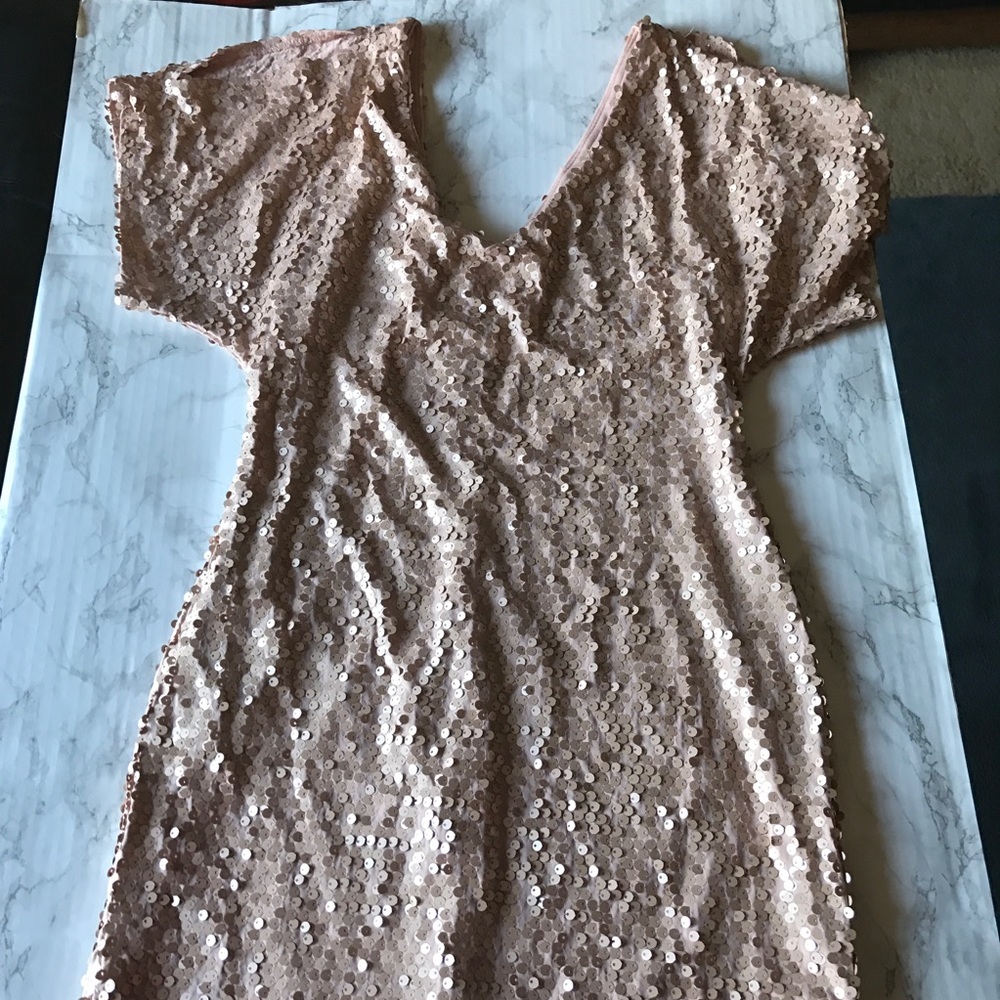 As U Wish Pink v neck, v back matte sequin dress